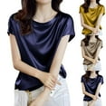 thumbnail image 3 of Women Office Lady Tops Summer Short Sleeve O-Neck Satin Blouse Shirts Basic Lady, 3 of 8