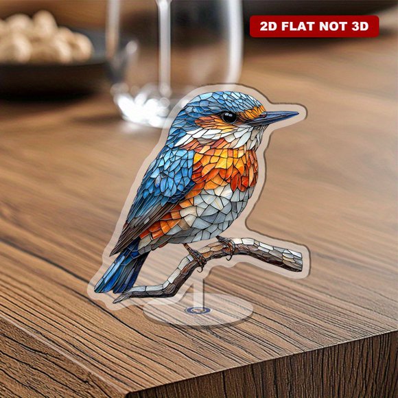 Rotating acrylic ornament showcasing ultra-realistic glittering stained glass design featuring a robin and kingfisher against a white background