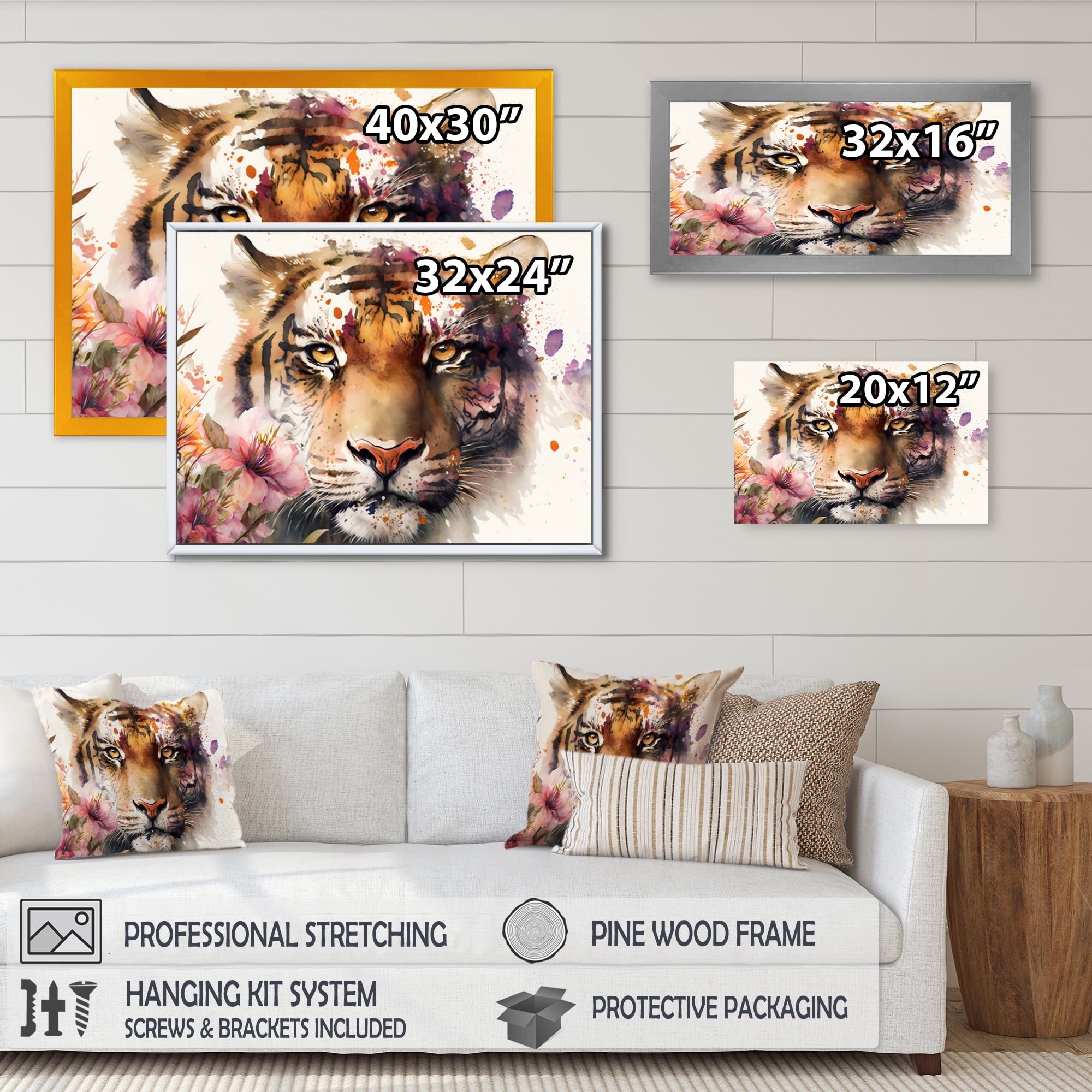 Designart Tiger Portrait With Flowers I Canvas Wall Art