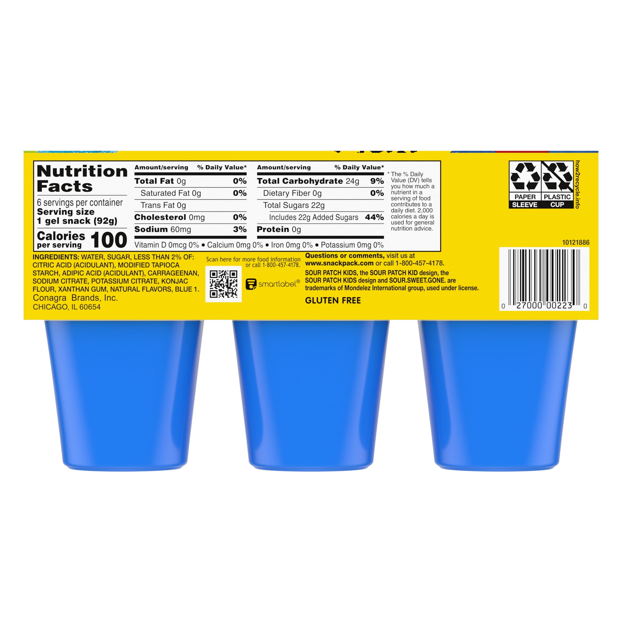 (4 pack) Snack Pack SOUR PATCH KIDS BLUE RASPBERRY Flavored Juicy Gels, 6 Count Snack Cups