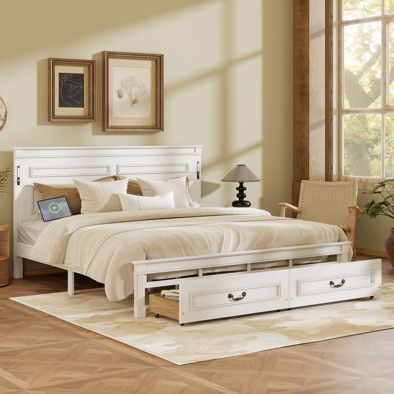 Mirightone King Bed Frame with 46" Tall Headboard, Farmhouse Solid Wood King Size Platform Bed with 2 Storage Drawers,LED Lights & USB Charging Station, White