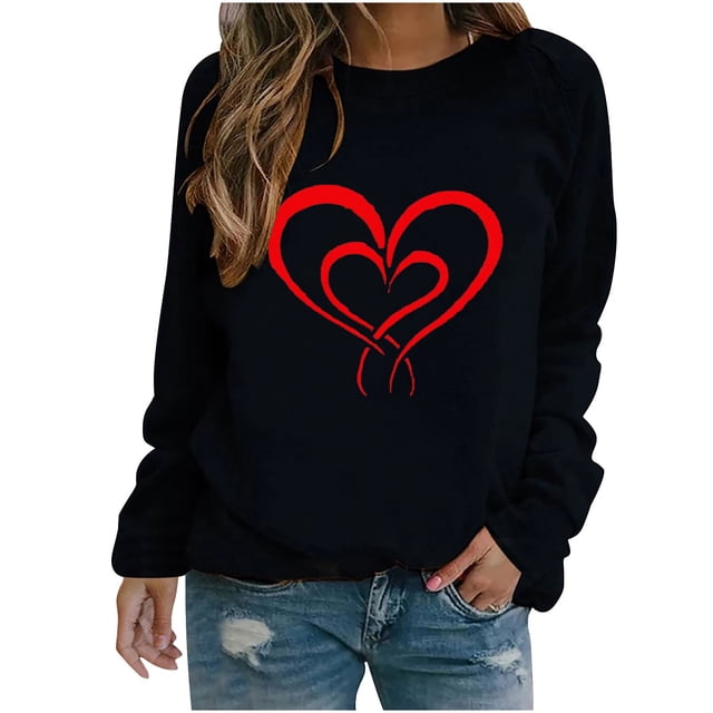 yoeyez Chandail de la Saint-Valentin pour Femmes avec Imprimé Cœur, Manches Longues, Décontracté, pour Adolescentes, Noir