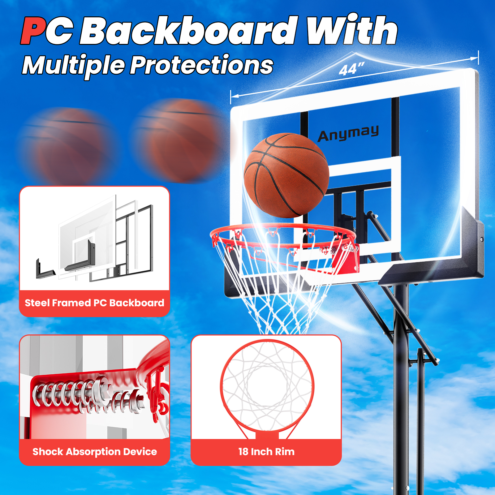 Basketball Hoop Outdoor 44 Inch Shatterproof Backboard 4.8-10ft Height Adjustable Portable Basketball Hoop Goal System for Kids Youth Adults Play in Backyard/Courts/Indoor