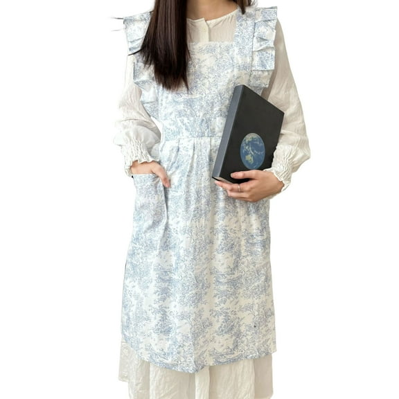 COOLHOOD French Watercolor Print Apron with Ruffle Adjustable Neck and Waist Straps Cotton Cooking Apron for Women