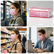 GTT Disposable Ear‑Loop Face Masks, ASTM Level 1, Pink, 50 Pieces, Latex‑Free, Breathable 3‑Ply Protective Masks for Daily Use