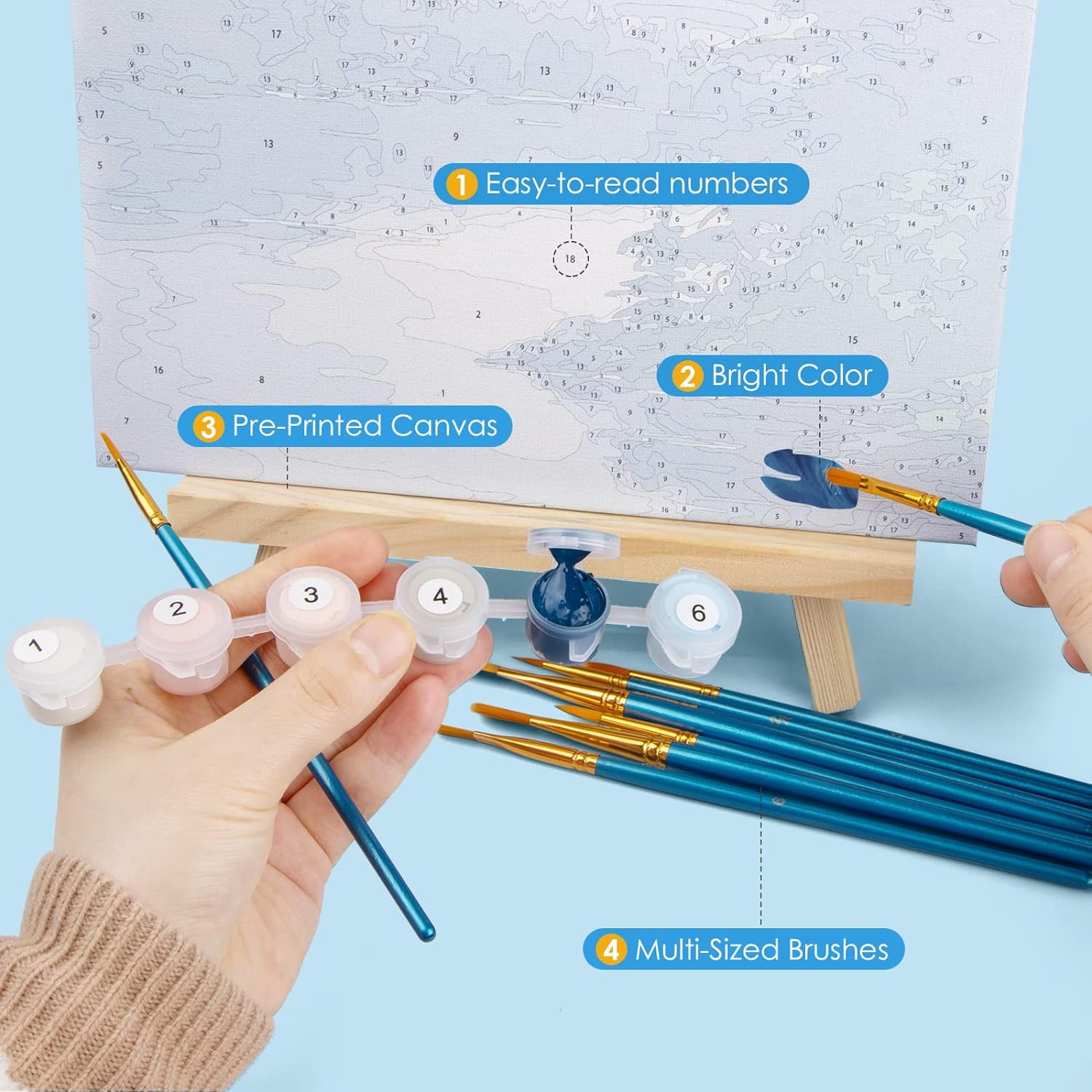 Qoosea 4 Pack Paint by Numbers Kits for Adults and Kids, Beginner DIY Arts & Crafts Set with Wooden Easel, Acrylic Paints, Brushes, 9 x 12 Inch Canvas