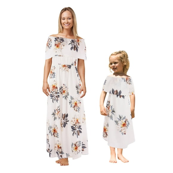 TopLLC Mommy and Me Dresses Été Floral Hawaïen Robes Imprimer Épaule Froide Volant Bretelles Spaghetti V-Cou Plage Midi Robe Parent-Enfant Porter Robe