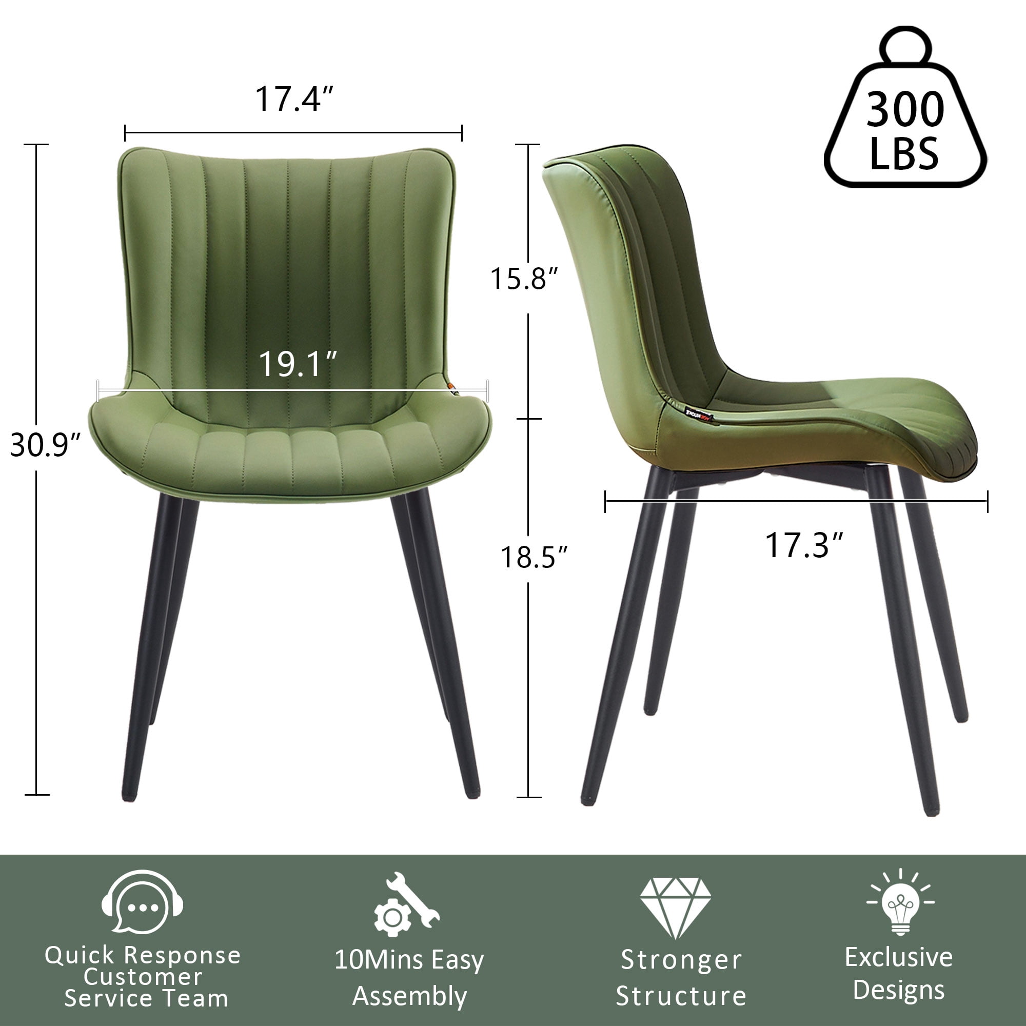 YOUNIKE Soft Dining Chair Set of 2 Faux Leather Upholstered Wide Back Kitchen Chair, Green