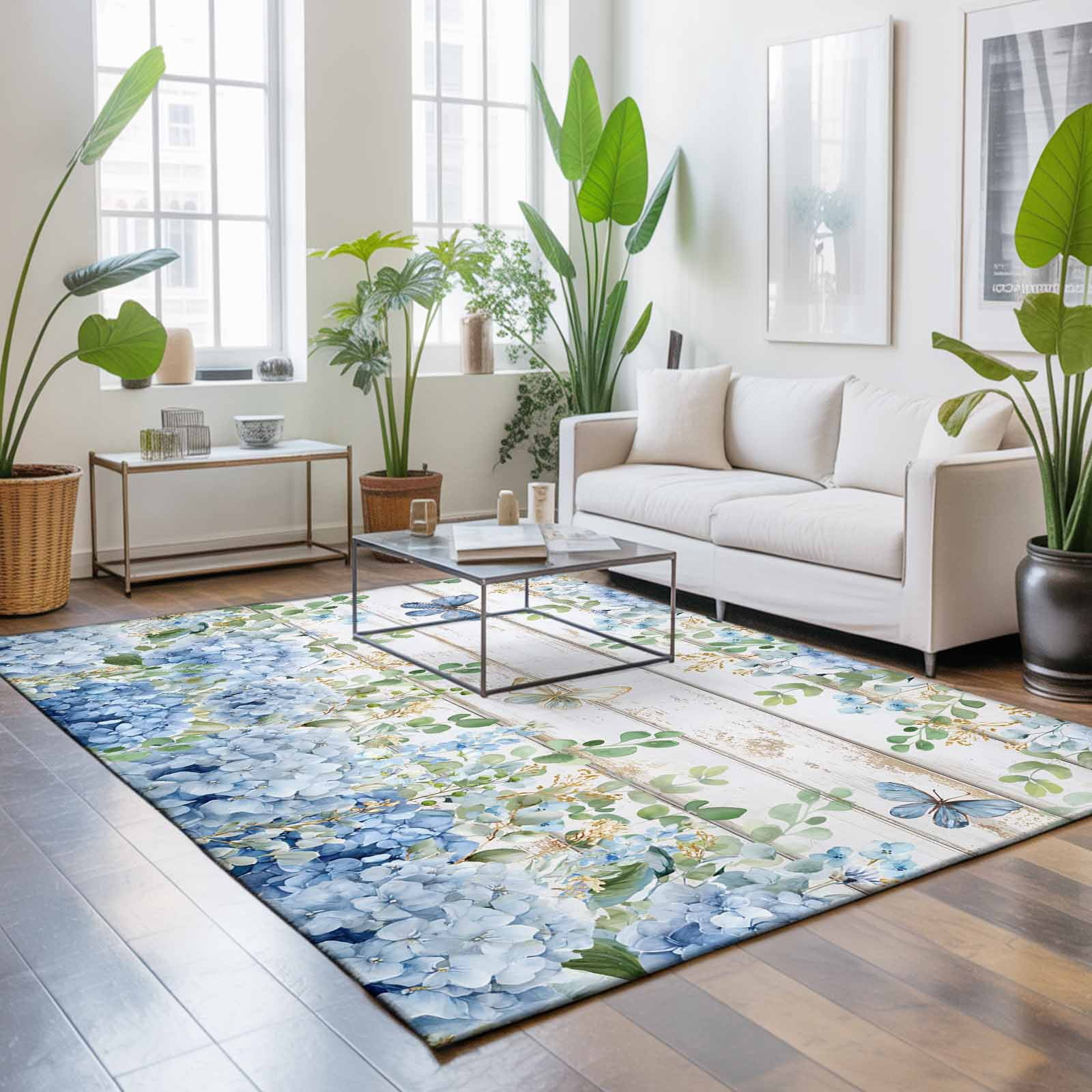 Area Rugs for Living Room 4x6 Ft, Blue Hydrangea Non Slip Area Rugs for Kitchen Bedroom Entryway, Spring Summer Eucalyptus Wooden Washable Carpet Runner Rug Floor Mats for Bedroom Home Decor