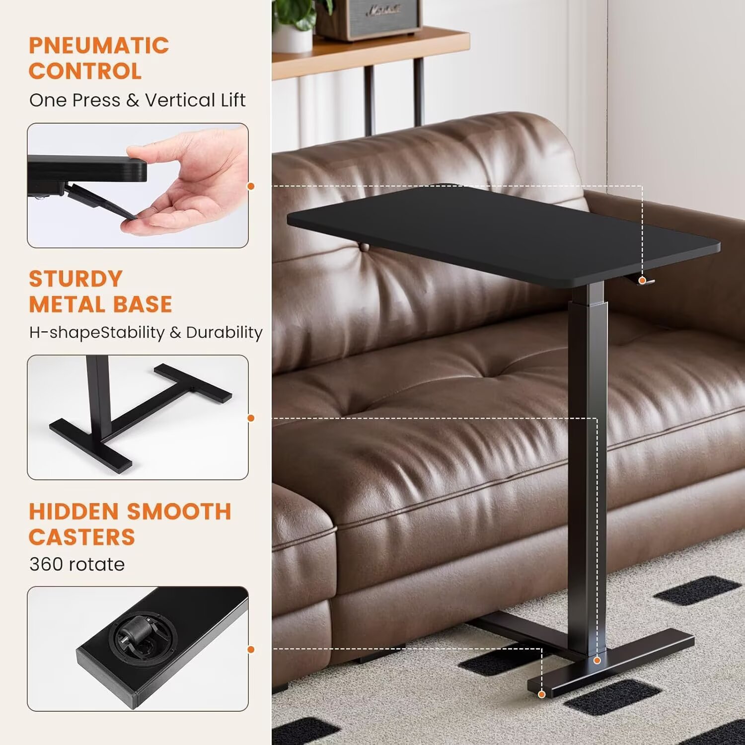 Simple Deluxe Overbed Bedside Table with Hidden Casters, Adjustable Pneumatic Mobile Laptop Computer Standing Desk, Rolling Laptop Table, Movable Overbed Table Hospital Home Use, Black