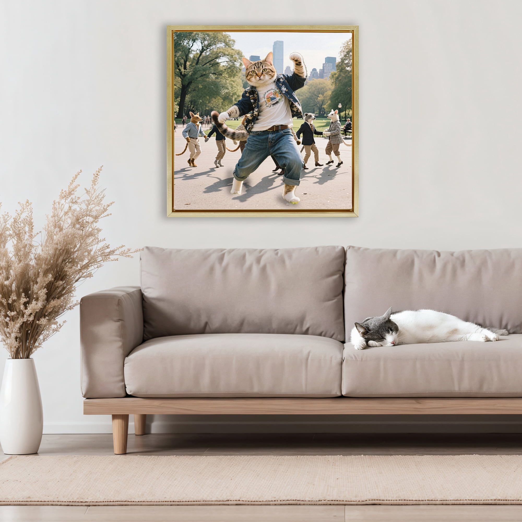Stupell Industries Stylish Cat Dancing in Park Gold Framed Floater Canvas Wall Art, design by CAD Designs