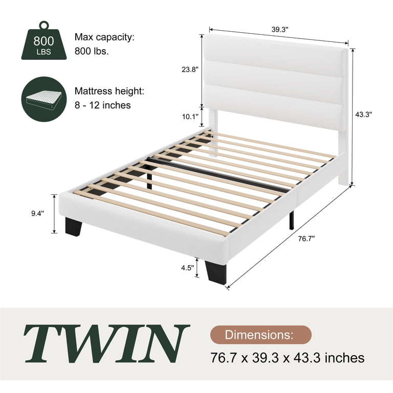 Amolife Twin Platform Bed, White Velvet Headboard photo 7
