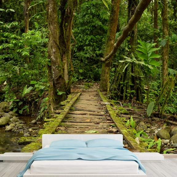 wall26 - Low Angle View of a Wooden Bridge in The Ecuadorian Jungle. - Removable Wall Mural | Self-Adhesive Large Wallpaper - 66x96 inches