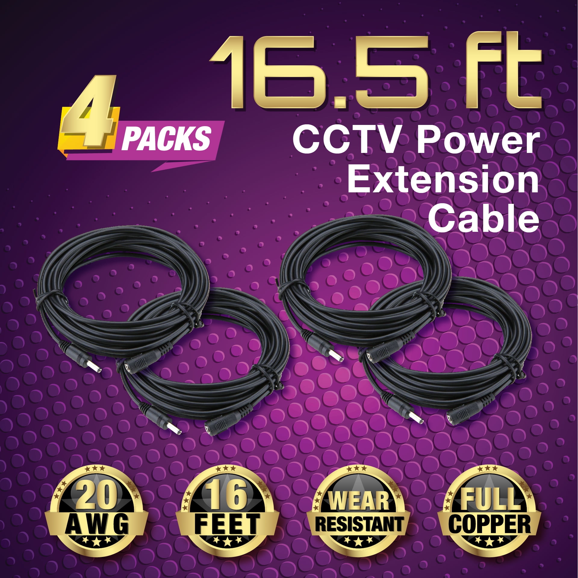 4pks of 16.5ft DC Power Supply Extension Cable for CCTV 5.5x2.1mm