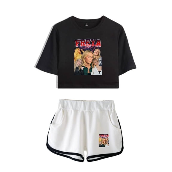 Freya Skye Vintage Graphic Short Sleeve Crop Top Shorts Two Piece Set Women's Top Sets