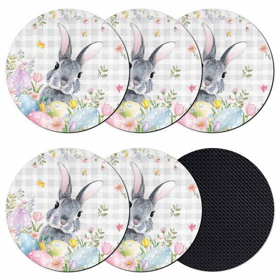 Easter Coasters Set of 6, Absorbent Coasters for Drinks, Spring Rabbit Eggs Flowers Leaves Grey Plaid Coaster for Desk Coffee Table Protection, Home Decor House Warming Gifts 4"