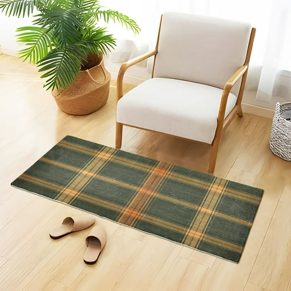 Green and Orange Plaids Plush Carpet Non Slip Runner Rug Absorbent Bath Mat 39" x 20"