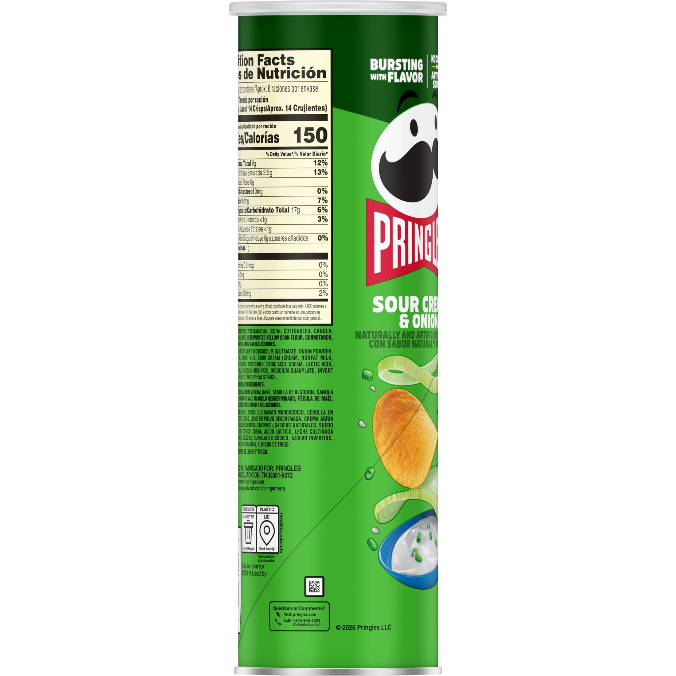 Pringles Sour Cream and Onion Potato Crisps Chips, Lunch Snacks, 5.5 oz Canister