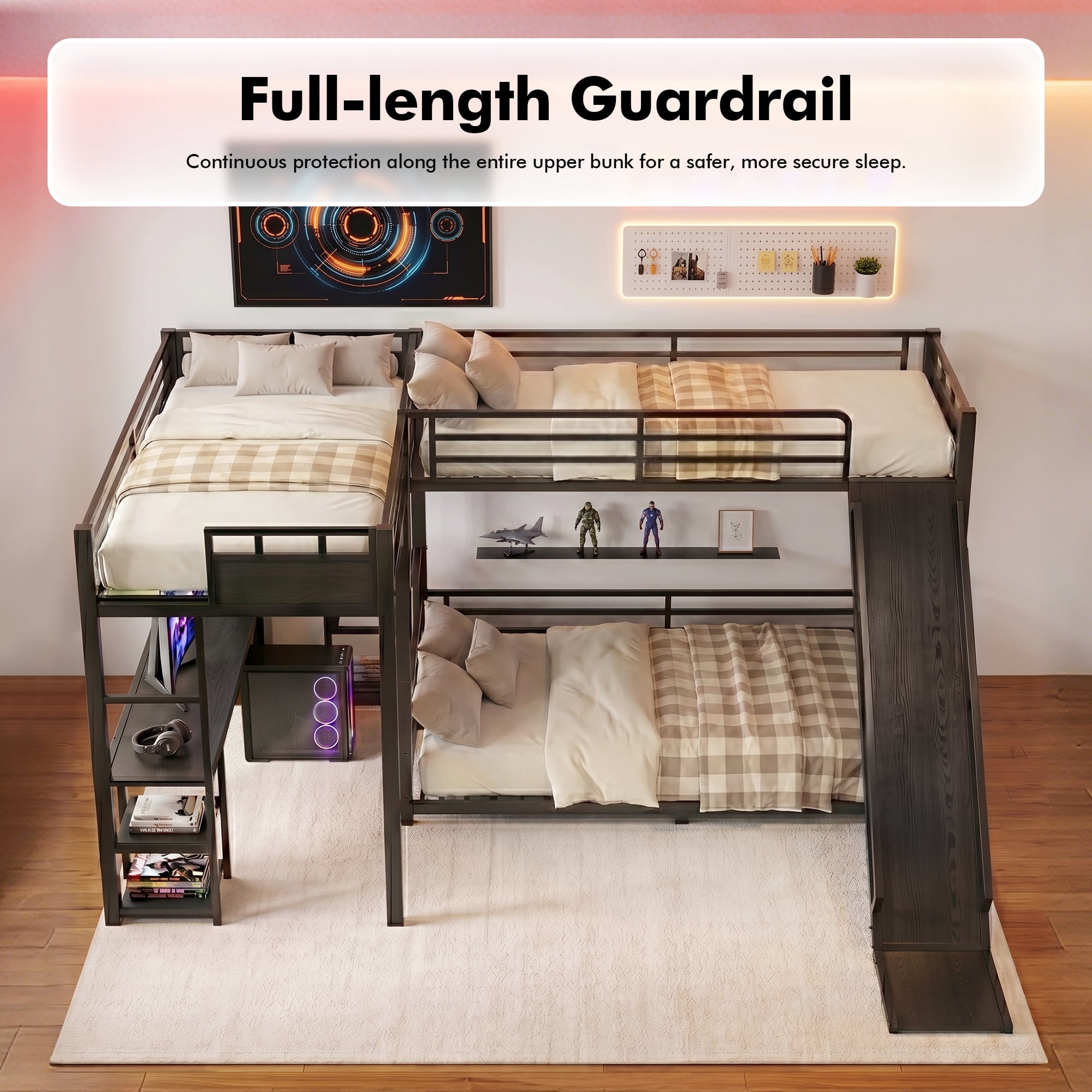 Aukfa L-Shaped Metal Triple Bunk Bed with Desk, Shelves, USB Ports and Slide, Twin XL over Queen Bunk Bed for Three Kids, Black