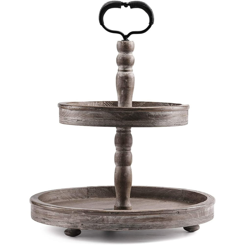 HYGGEISM Wood 2 Tier Tray Distressed Two Tiered Serving Tray Farmhouse ...