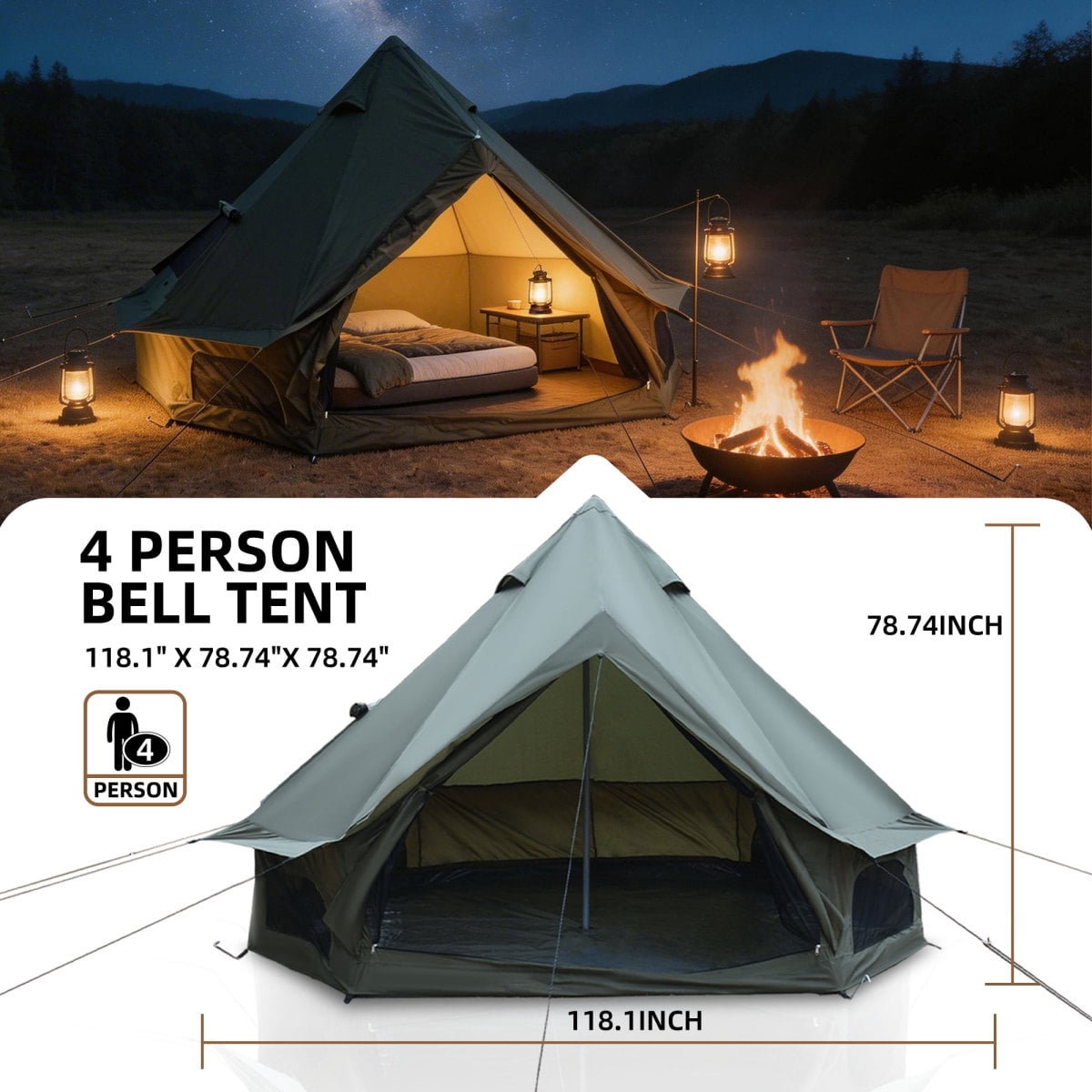 LuckyNote 4 Season Bell Tent 9.8 FT, Green Waterproof Glamping Yurt Tent with Stove Jack, Fits 4 People Family Camping, Green