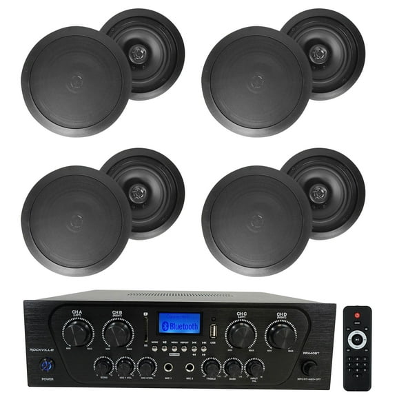Rockville RPA40BT 4-Room Home Audio Kit Receiver (8) 8" Black Ceiling Speakers