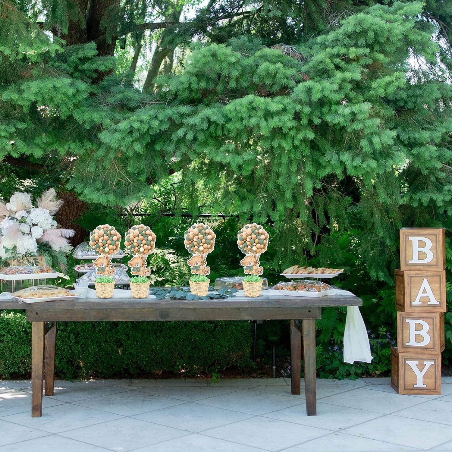 6 Set Sage Green Baby Shower Table Centerpieces Decortion Hot Air Balloon Cute Babys Bear with Bamboo Basket Lafite Garss Welcome Oh Baby We Can Bearly Wait Boy Or Girl Gender Reveal Party Favor