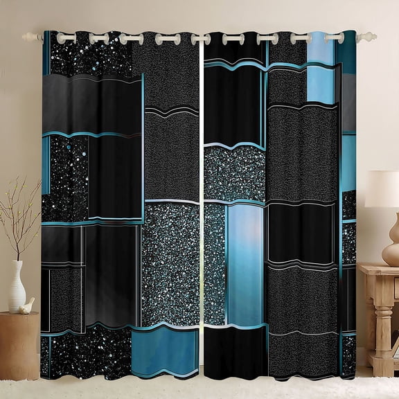 Manfei Cool Geometric Glitter Blackout Curtains Set of 2 (52x84 Each), Mosaic Plaid Curtain, Black Blue Gold
