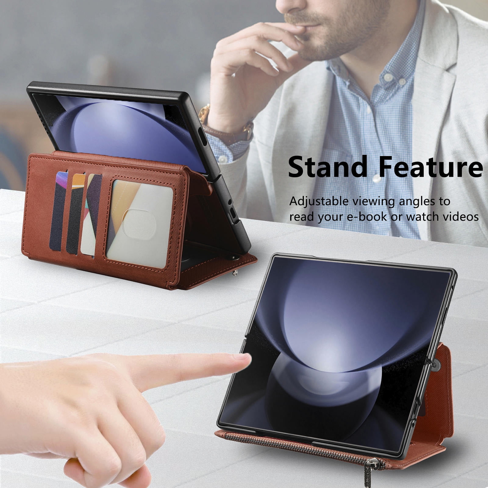 For Samsung Galaxy Z Fold 6 Phone Case,2-in-1 Magnetic Detachable Flip,Flip Folding Kickstand,With Card Slots,Zipper Pocket,Ring Holder,Fit Wireless charging,Shockproof Phone Case,Brown