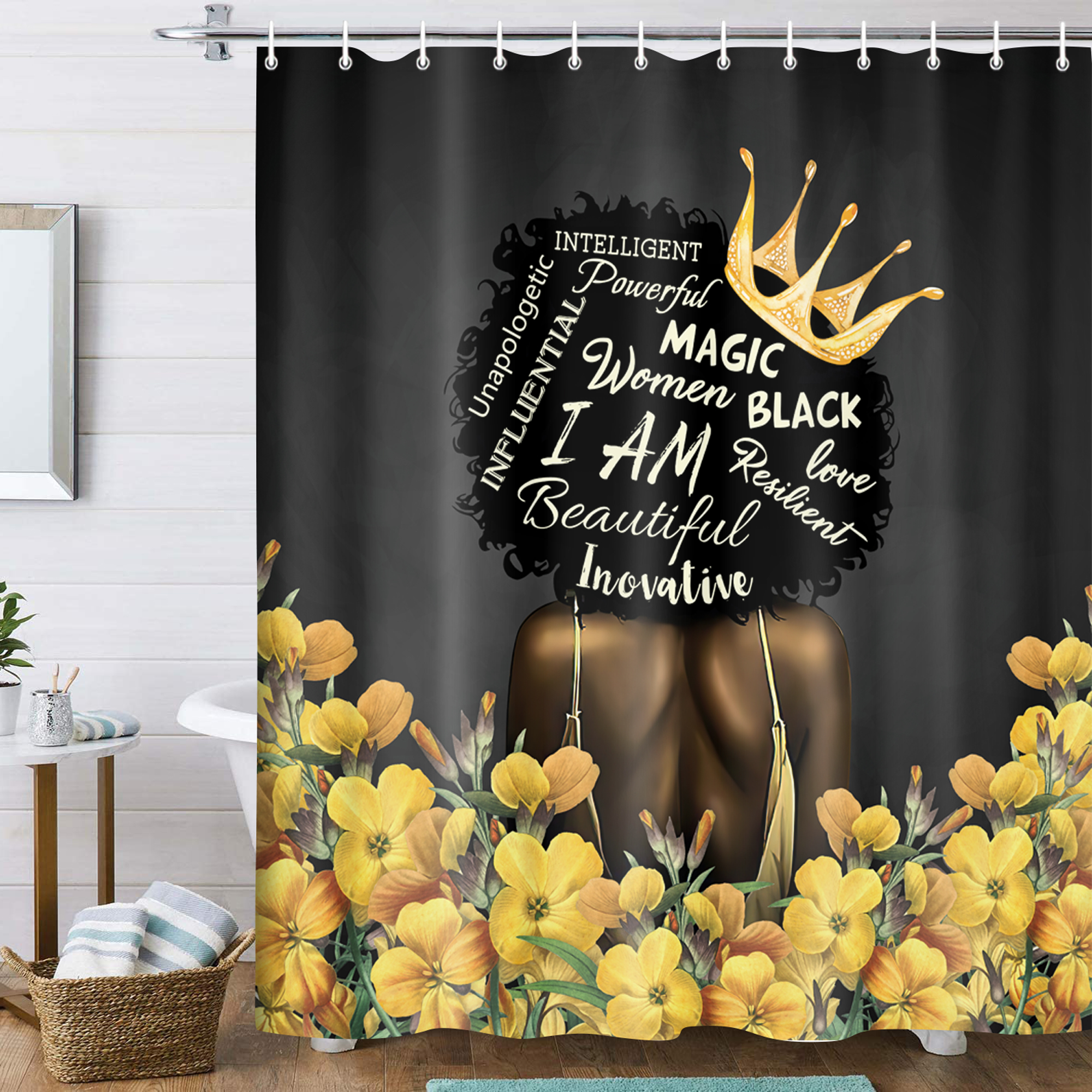 Black Girl Shower Curtain, African Women with Crown Floral on Balck