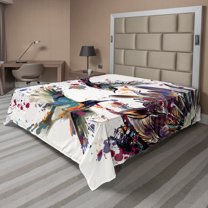 Ambesonne Nature Flat Sheet, Lily Birds Watercolor, Full Size, Orange and Blue