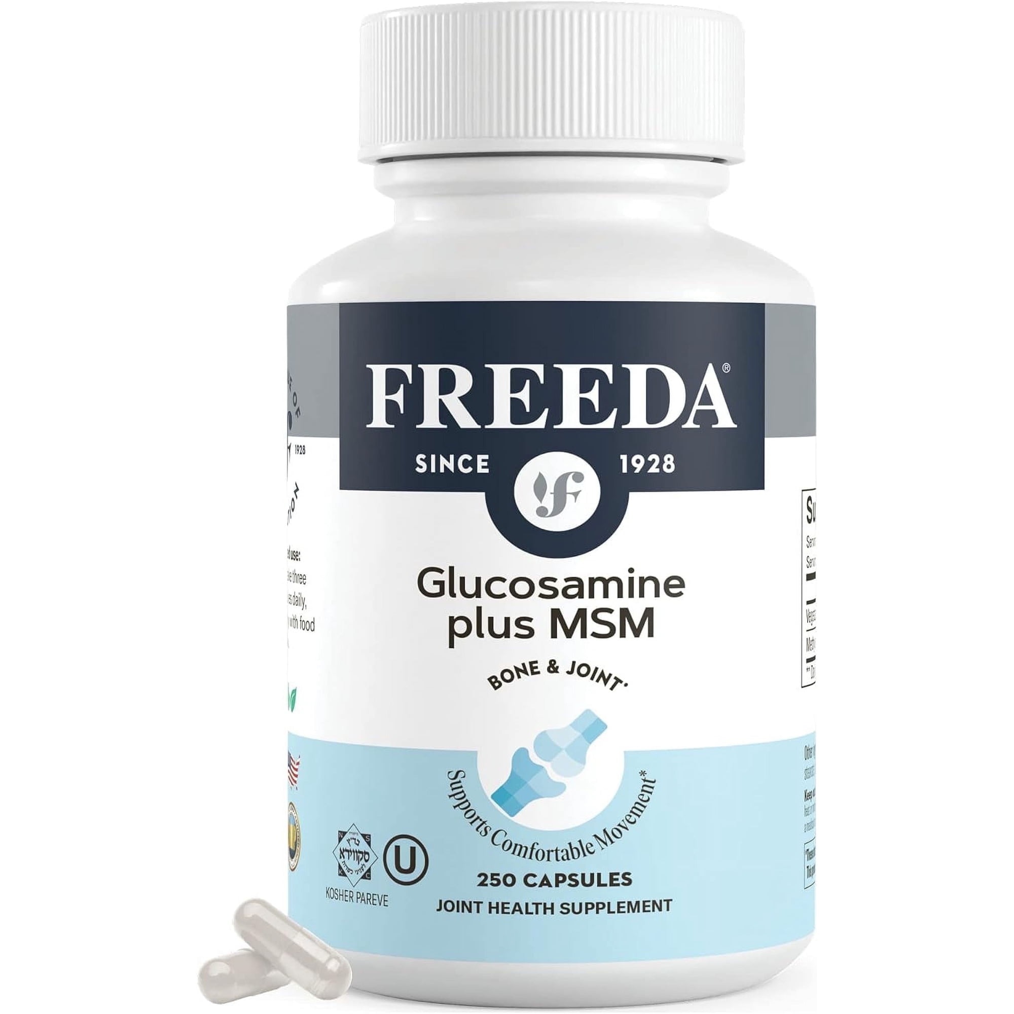 Freeda Glucosamine with MSM | Joint Mobility & Flexibility Support | Shellfish-Free, Vegan, Kosher, Gluten Free | 250 Capsules