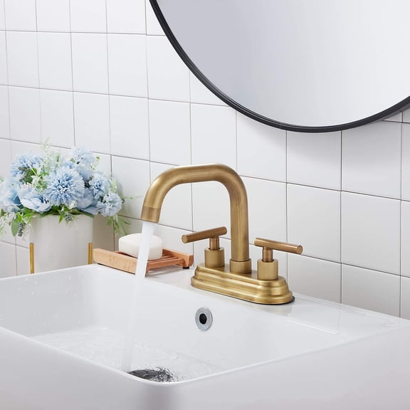 Bathroom Vanity Faucet 2-Handles 4 Inches Centerset High Arc Spout Antique Brass with Drain Assembly and Supply Hose Lavatory Faucet Mixer Deck Mounted