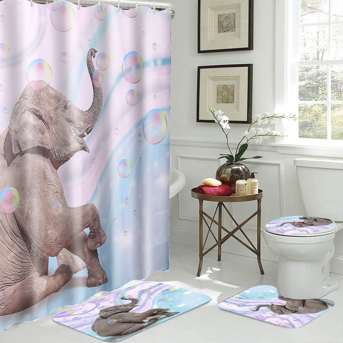 3D Printing Bubbles Elephant Waterproof Bathroom Shower Curtain Toilet Cover 