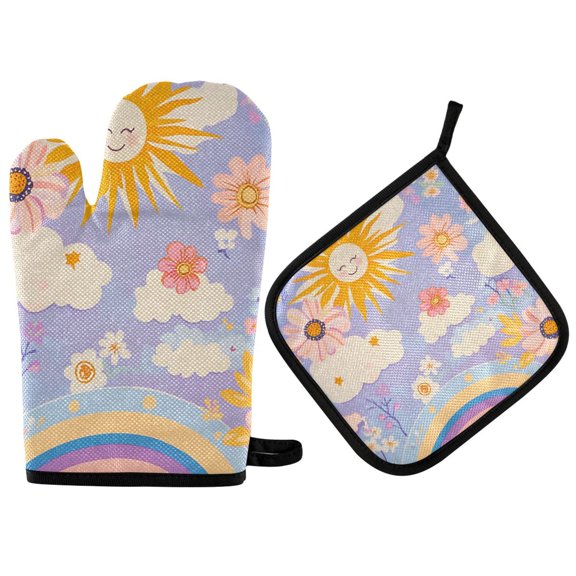 Yayeee Oven Mitts and Pot Holder Set of 2 Heat Resistant Kitchen Gloves Baking Hot Pad, Purple Clouds