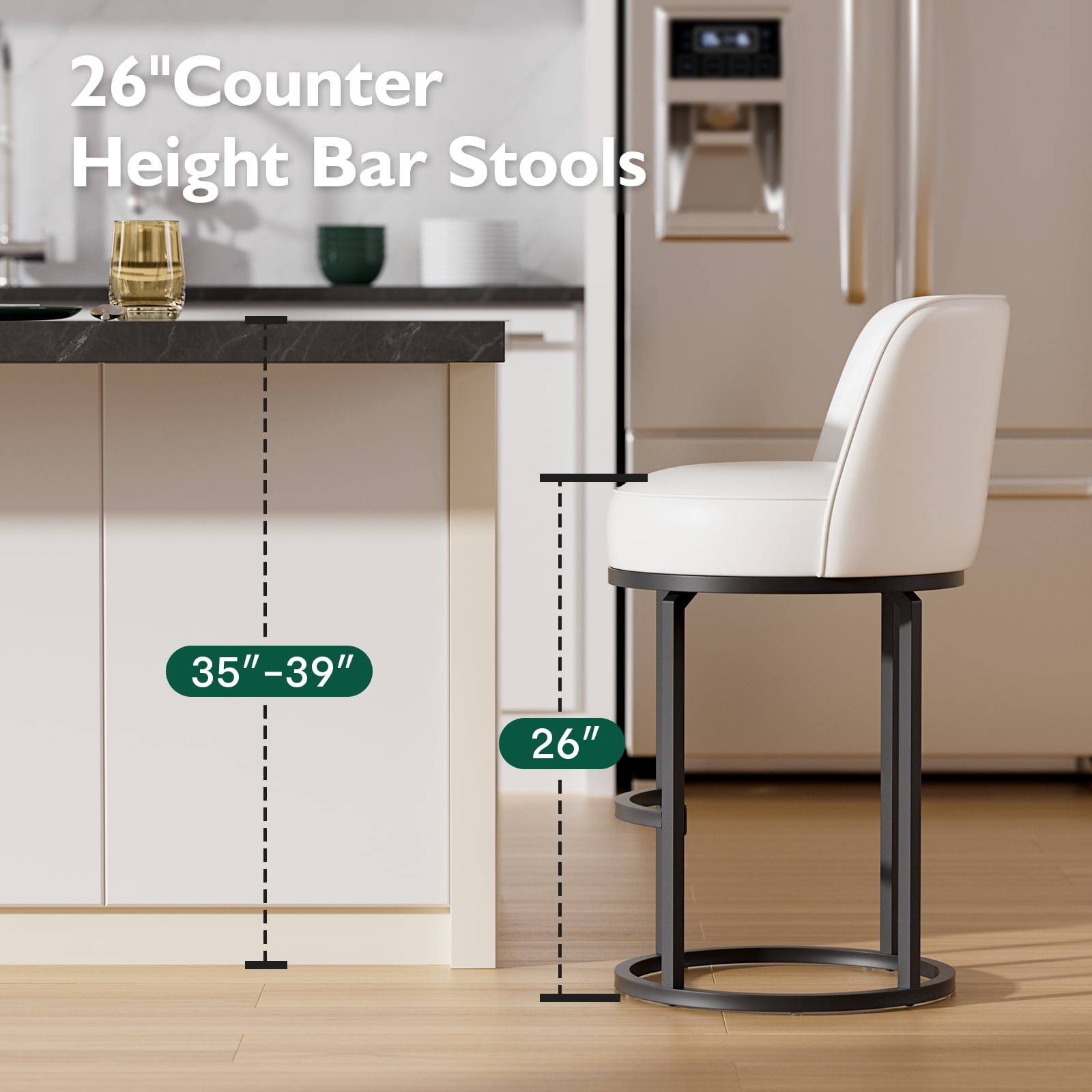 Genpo Bar Stools Set of 6, 26 inch Counter Height Bar Stools, Swivel White Leather Barstools with Backs, Round Base, Footrest, Metal Legs for Kitchen Island
