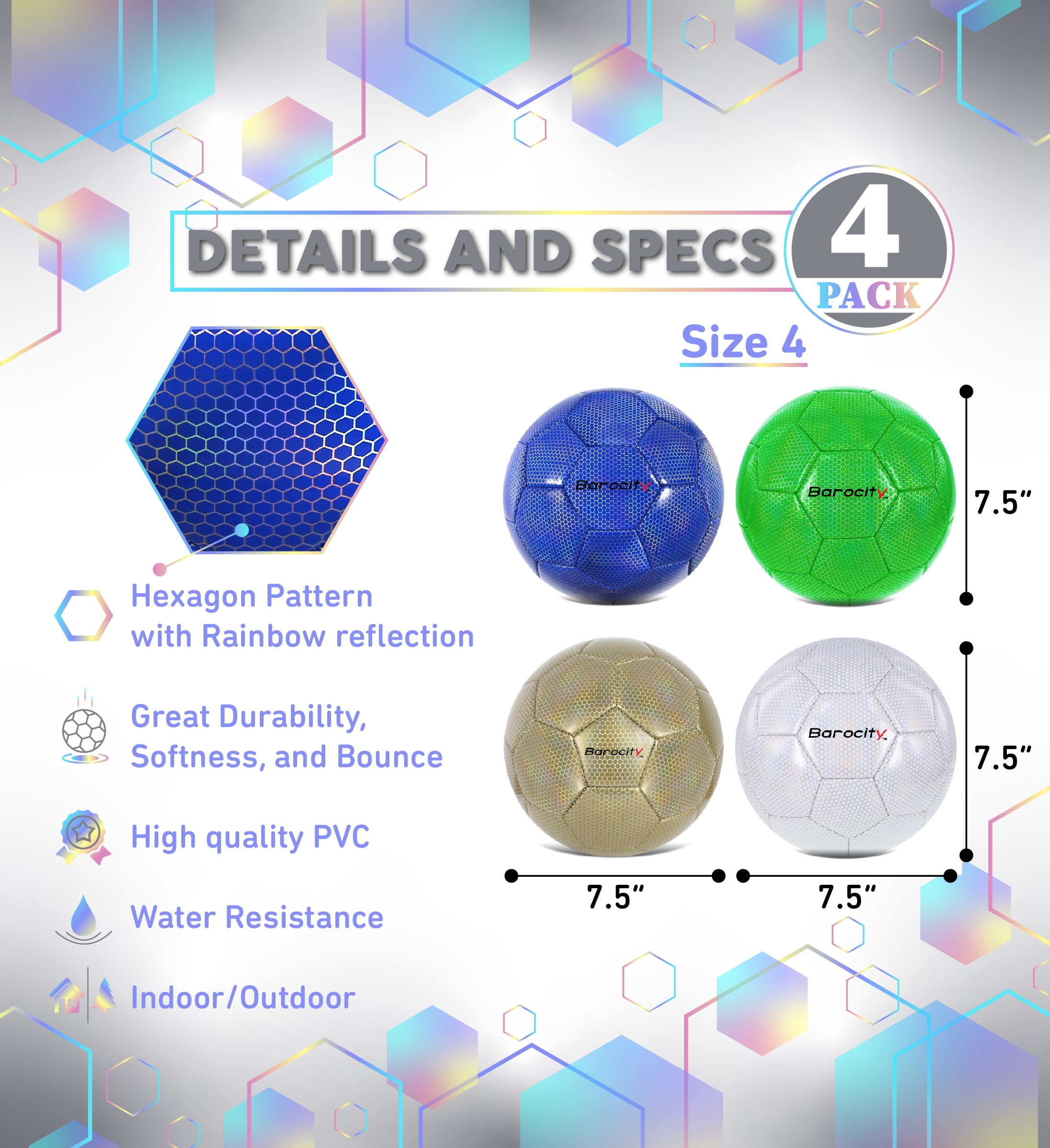 Barocity Iridescent Soccer Balls Set of 4 - Gold, Blue, White, and Green Official Match Ball with Reflective Hex Pattern, Sport Soccer Balls for Indoor and Outdoor Training and Practice Games- Size 4