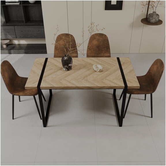 Modern 5-Piece Dining Set with Rectangular Table and 4 Suede Chairs, Brown MDF Top and Black Metal Frame, Farmhouse Kitchen Table Set for 4