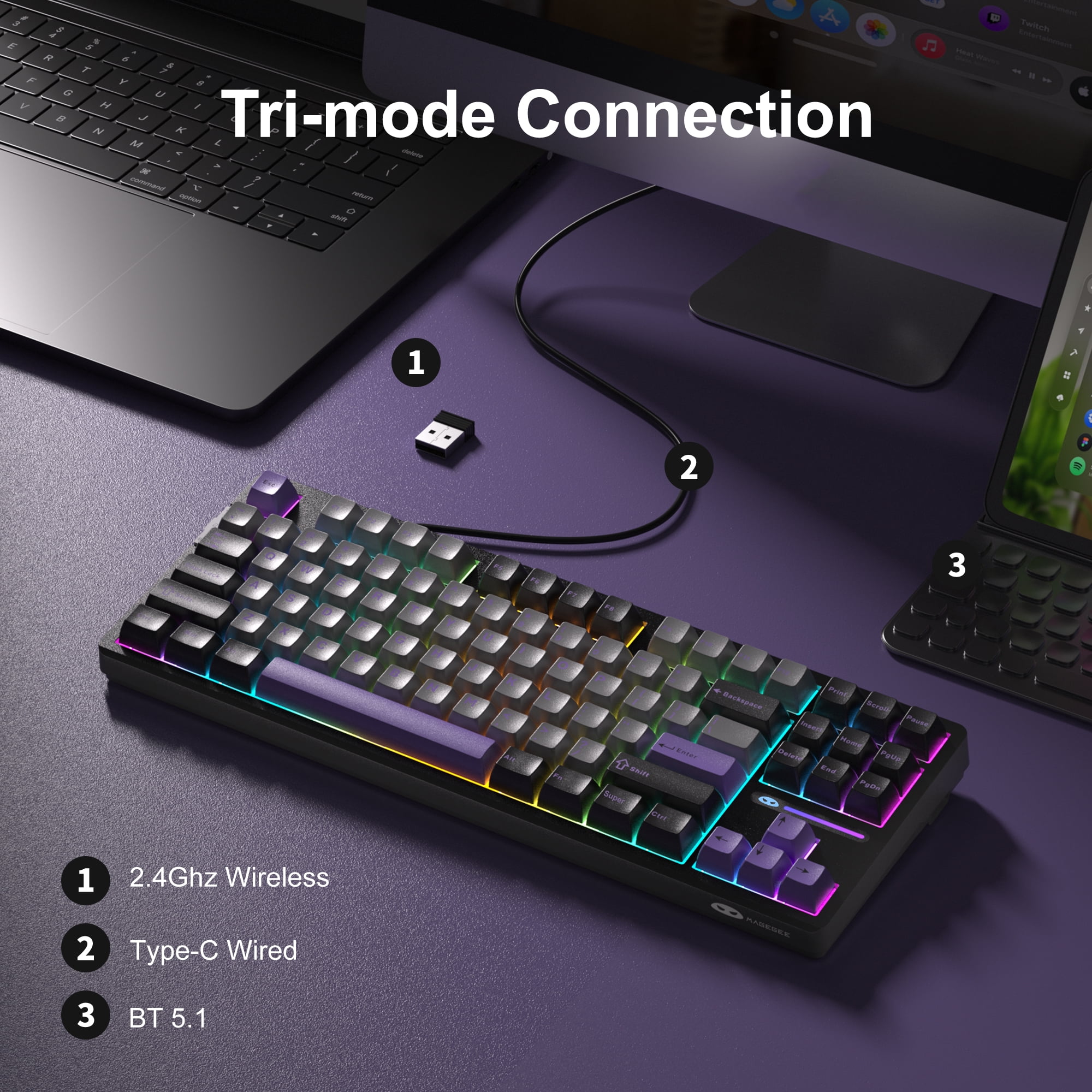 MageGee LIGHT87 Wireless Creamy Keyboard, Gasket Structure, RGB Backlit, 2.4G/USB-C/BT5.0 Hot Swappable 8000mAh