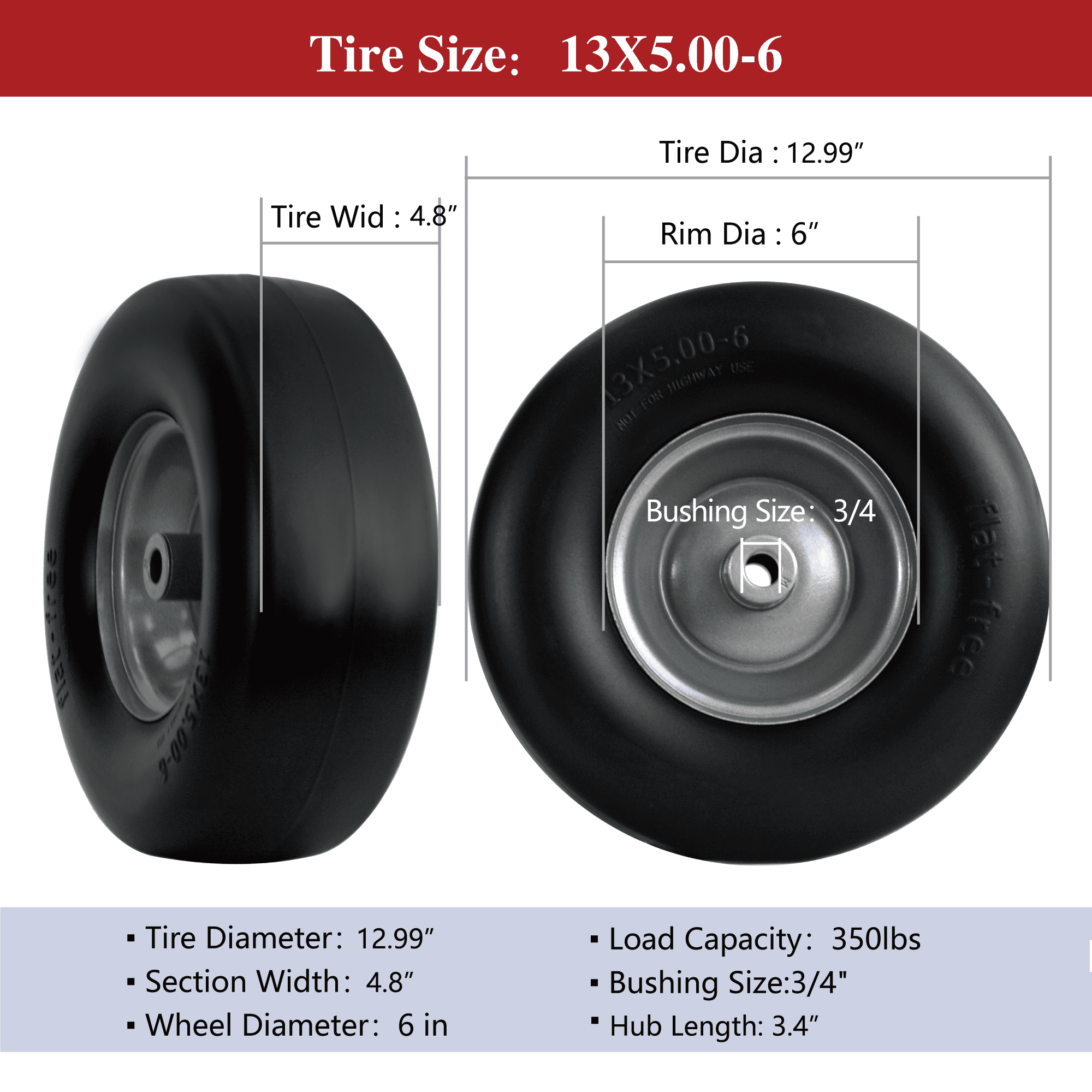 Hi-Run Smooth 13X5.00-6 Flat Free Zero-Turn Lawn Mower Tire & Wheel Assembly 3/4 Bushing