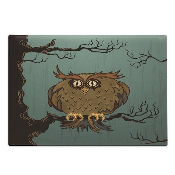 Owl Cutting Board, Exhausted Hangover Tired Owl in Oak Tree with Eyebrows Nature Cartoon Funny Art, Decorative Tempered Glass Cutting and Serving Board, Large Size, Blue Brown, by Ambesonne