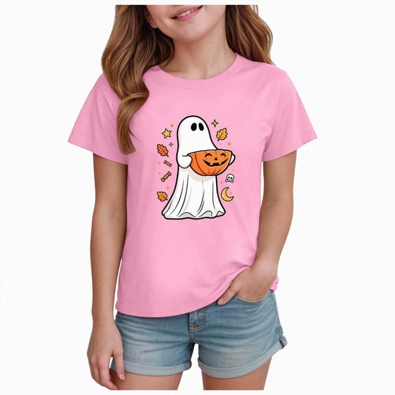 KPOPLK Kids Girls Halloween Shirts T-Shirt Ghost Spooky Season Tops Cute Short Sleeve Tees Clothes,Size 13-14 Years