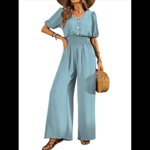 Mono de Mujer de Corta con Cuello en V, Elegante, Informal, con Pierna y Pantalones. Azul XXL