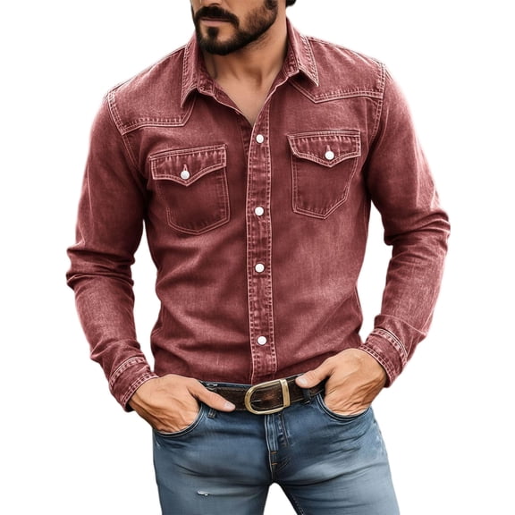 IROINNID Men Lightweight Stretch Denim Style Turn Down Collar Long Sleeve Button Front Shirt Dual Flap Chest Pockets Relaxed Fit Western Casual Daily Layering Top(Red,3XL)
