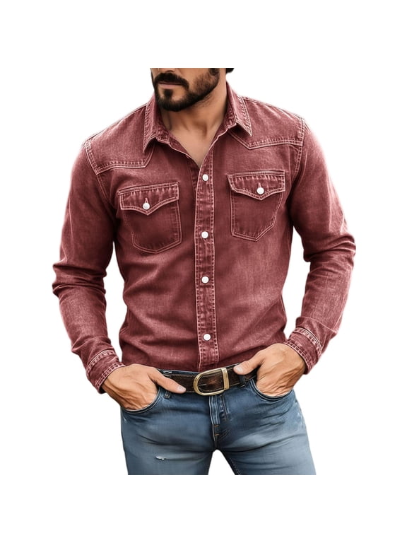 Mens Button down Shirts Vintage Collared Long Sleeve Tops with Pockets Classic Casual Work Shirts Fall Clothes(Red,Large)