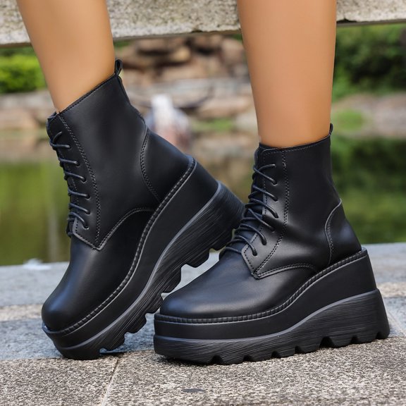 Wowcloth Women's Winter Casual Ankle Boots - Front Lace-Up Round Toe with Chunky Wedge Heel for Versatile Seasonal Outfits