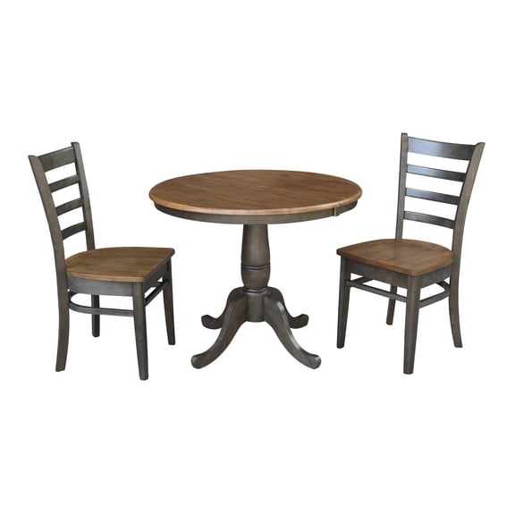 36" Round Wood Extension Dining Table with 2 Chairs in Hickory/Washed Coal