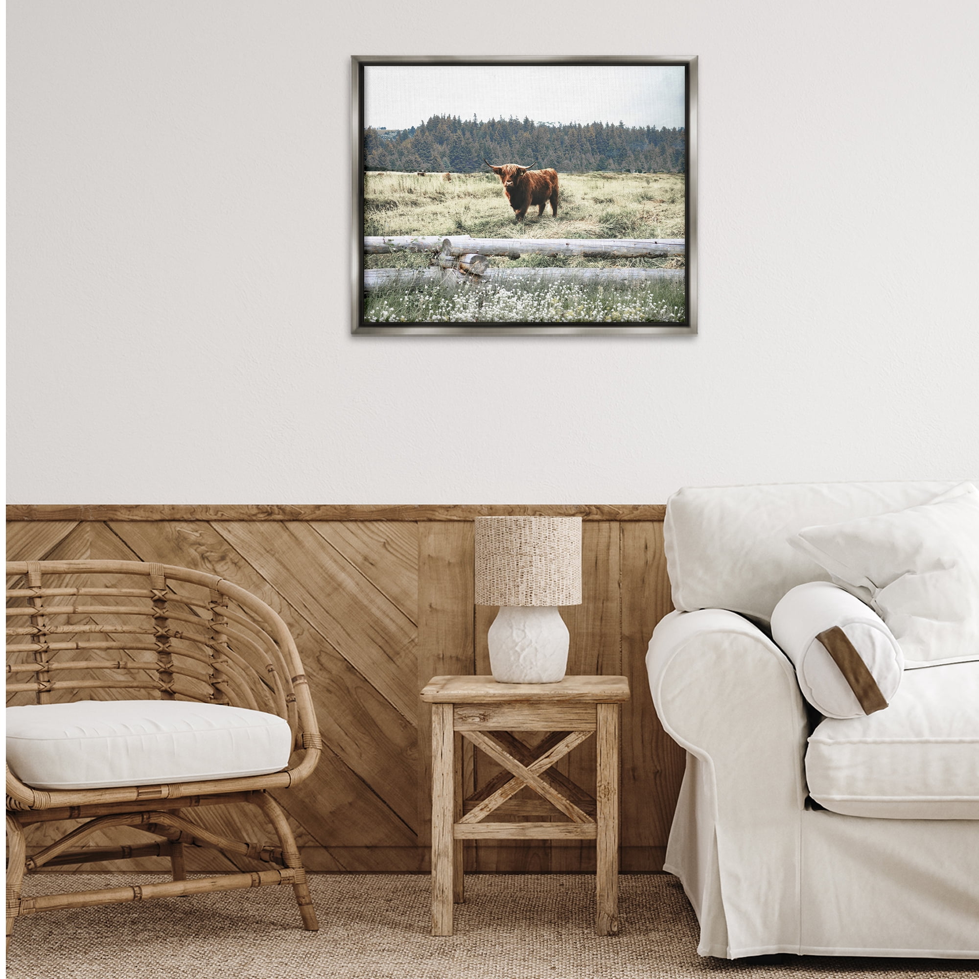 Stupell Industries Cattle Overlooking Fence Animals & Insects Photography Gray Floater Framed Canvas Art Print Wall Art, 31 x 25