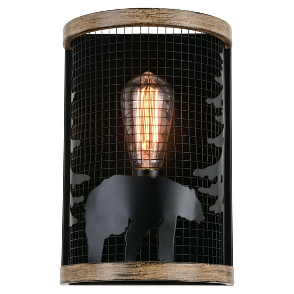 Kodiak 1 Light Black Cage Rustic Wall Sconce Bear and Tree Motif