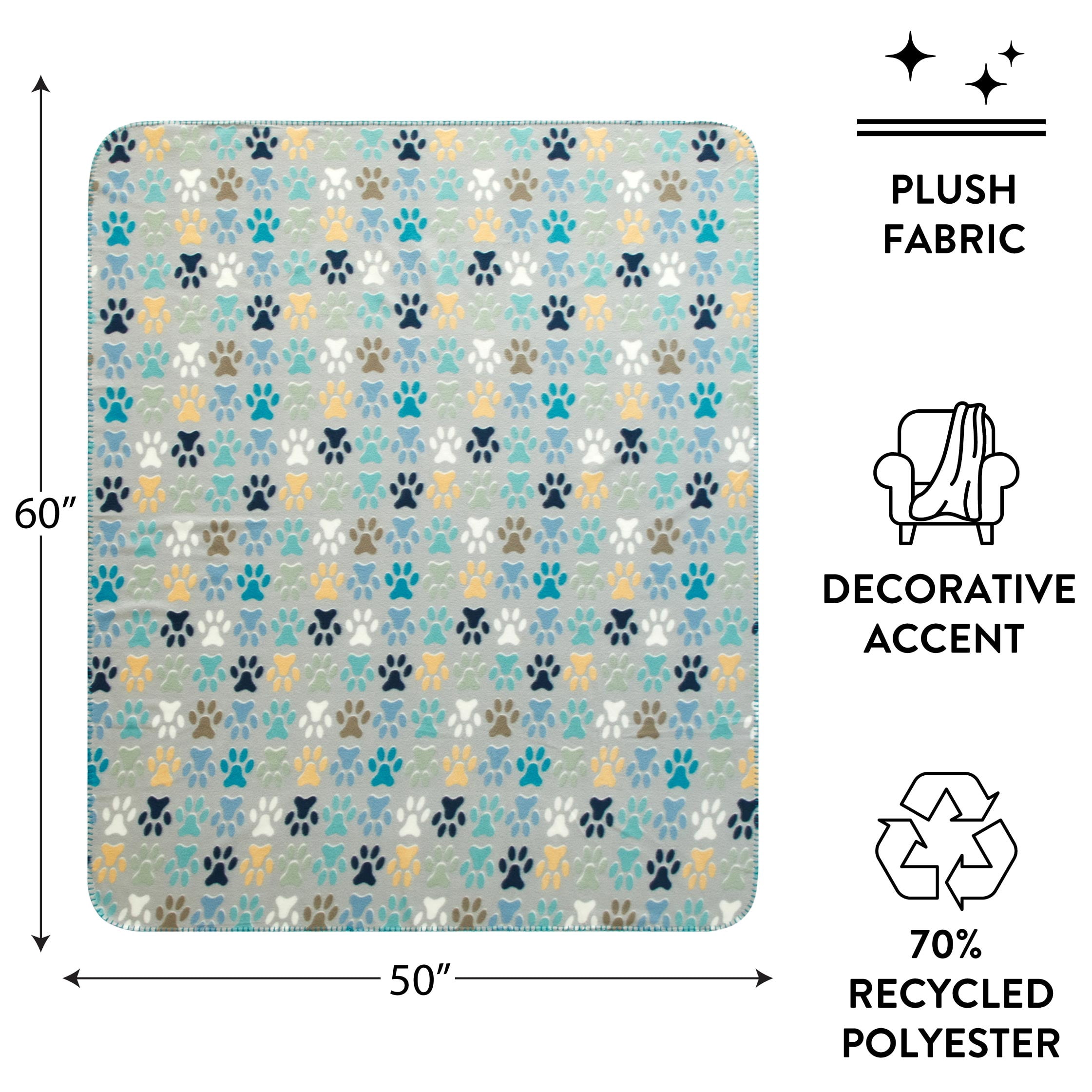 Mainstays Gray Paw Printed Cozy Fleece Throw Blanket, 50" x 60"